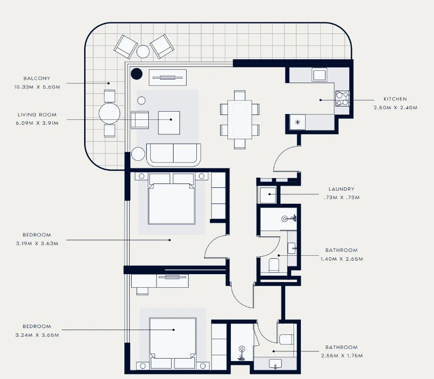 Azizi Venice 2 bed floor plan, 1,142 sqft