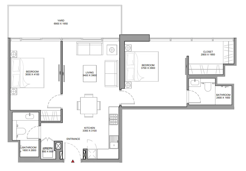 Florine Beach Residences 2 bed floor plan, 987 sqft