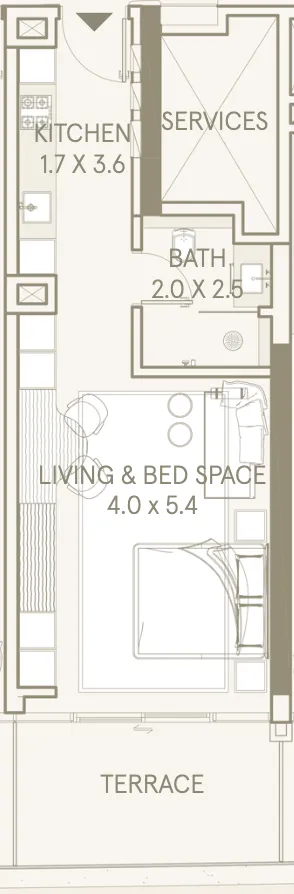 Saas Hills Studio floor plan, 544 – 730 sqft