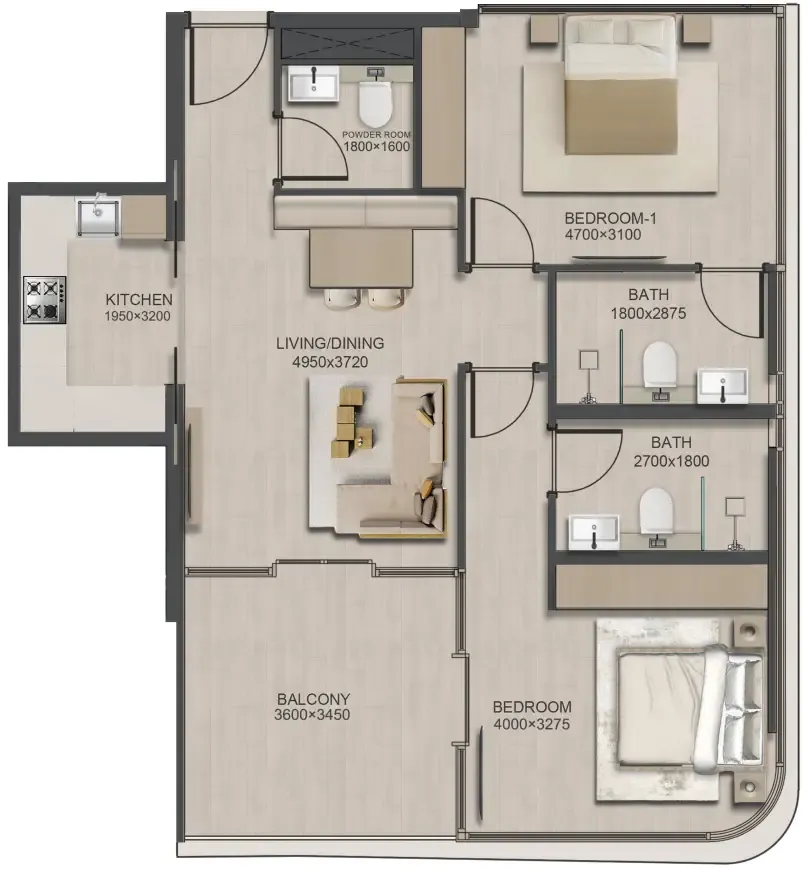 J188 2 bed floor plan, 1,064 sqft