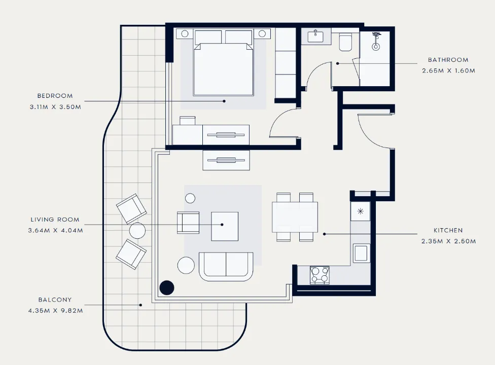 Azizi Venice 1 bed floor plan, 796 sqft
