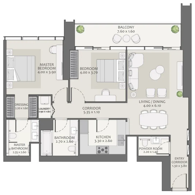 Avenue Park Towers 2 at Wasl 1 2 bed floor plan, 1,313 sqft