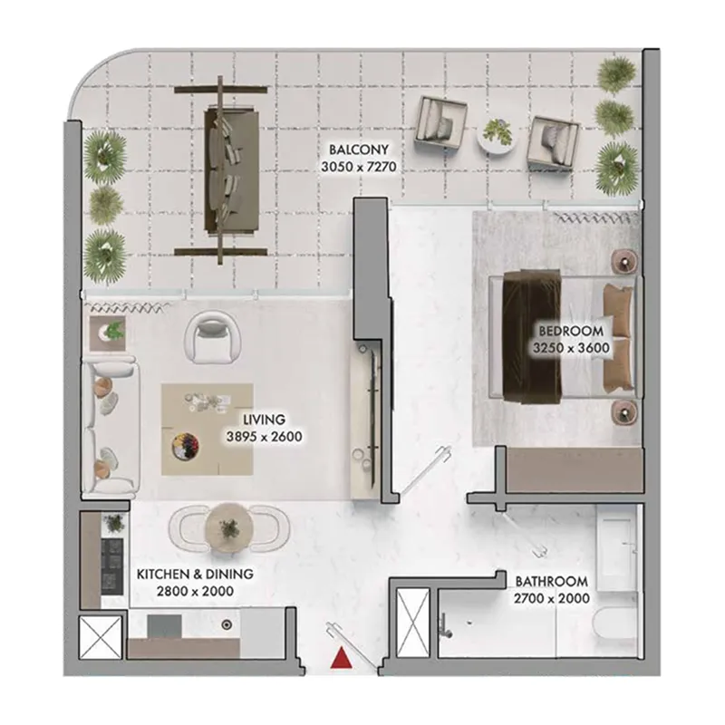 Elmora 1 bed floor plan, 630 sqft