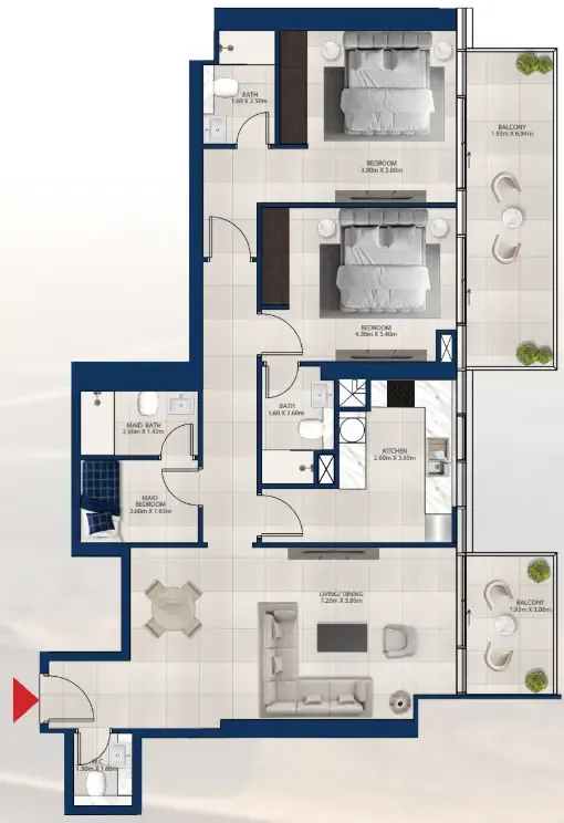 Al Vista 2 bed floor plan, 1,425 sqft
