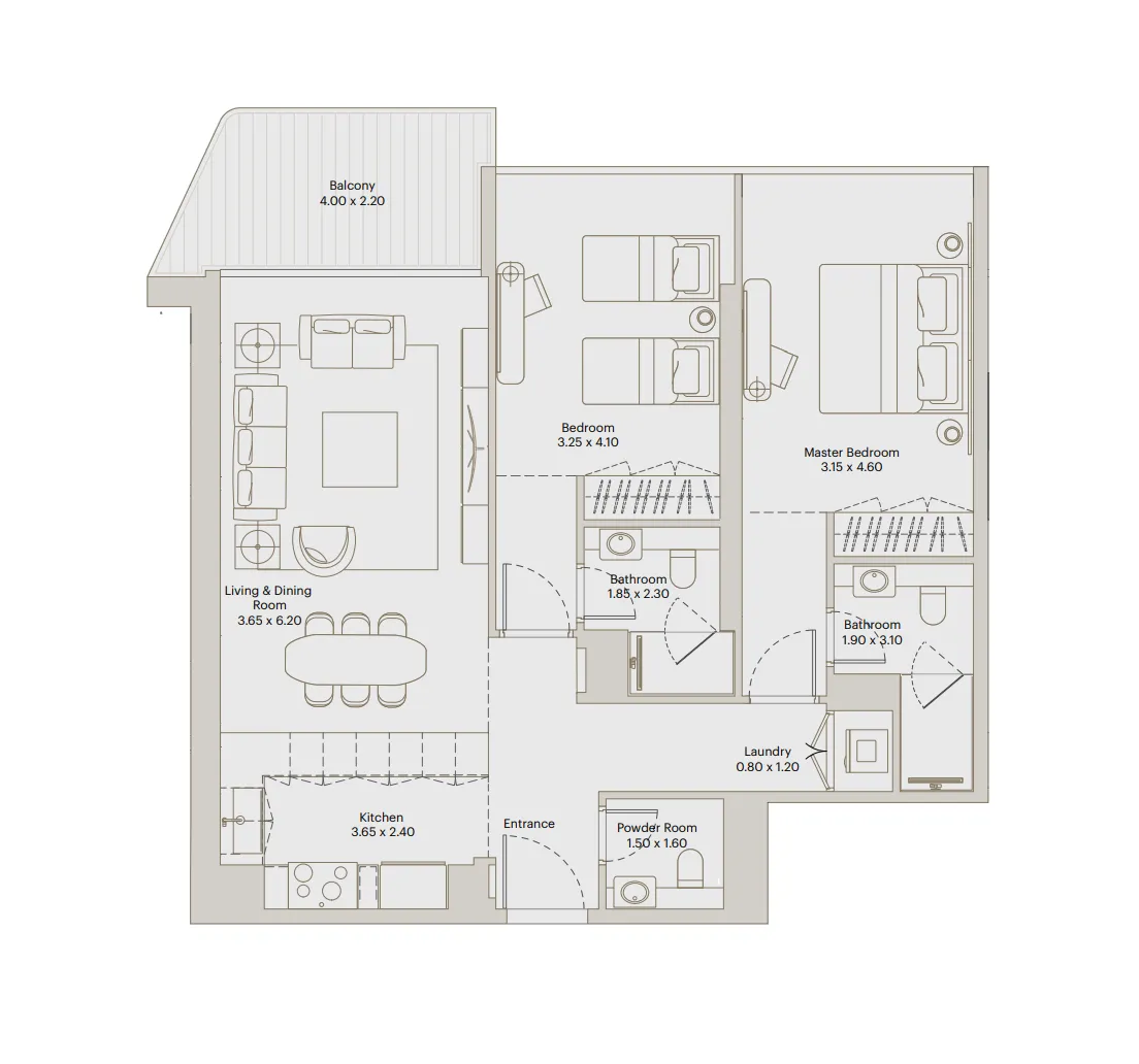 Eleve 2 bed floor plan, 1,124 sqft