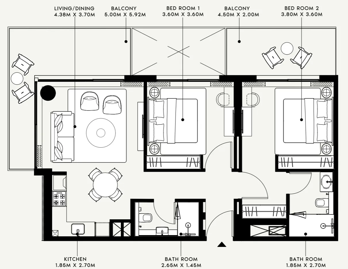 Azizi Venice 2 bed floor plan, 1,093 sqft