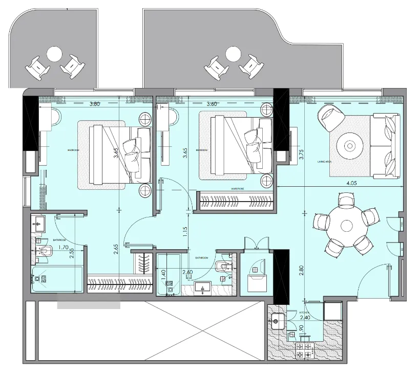 Azizi Wasel 2 bed floor plan, 1,094 sqft
