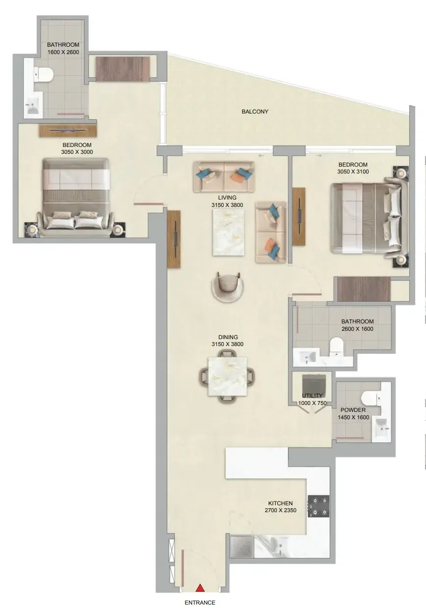 The Serene at Sobha Central 2 bed floor plan, 1,083 sqft