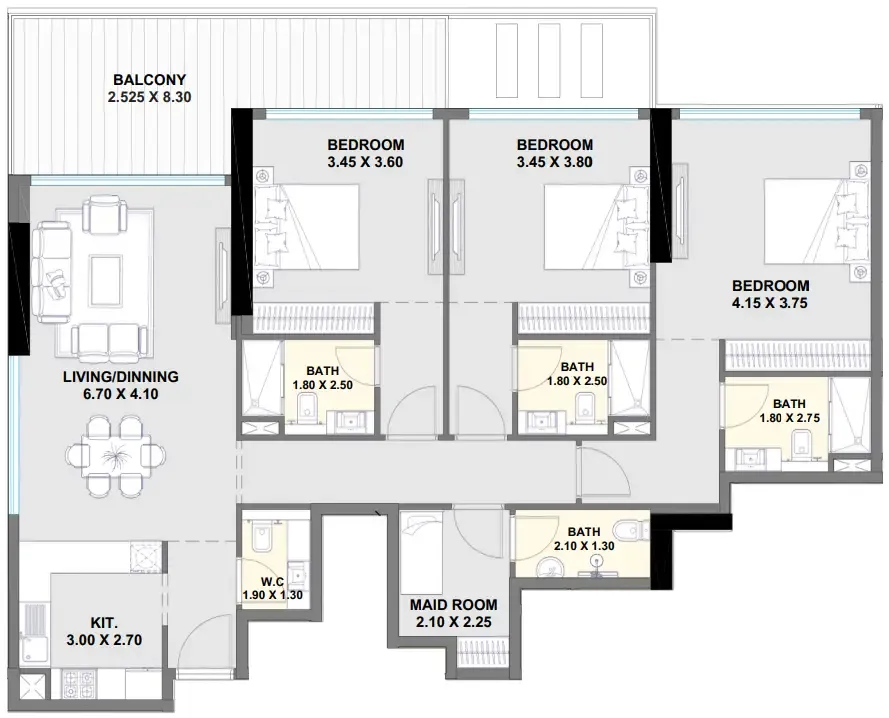 Ayaan Heights 1 3 bed floor plan, 1,747 sqft