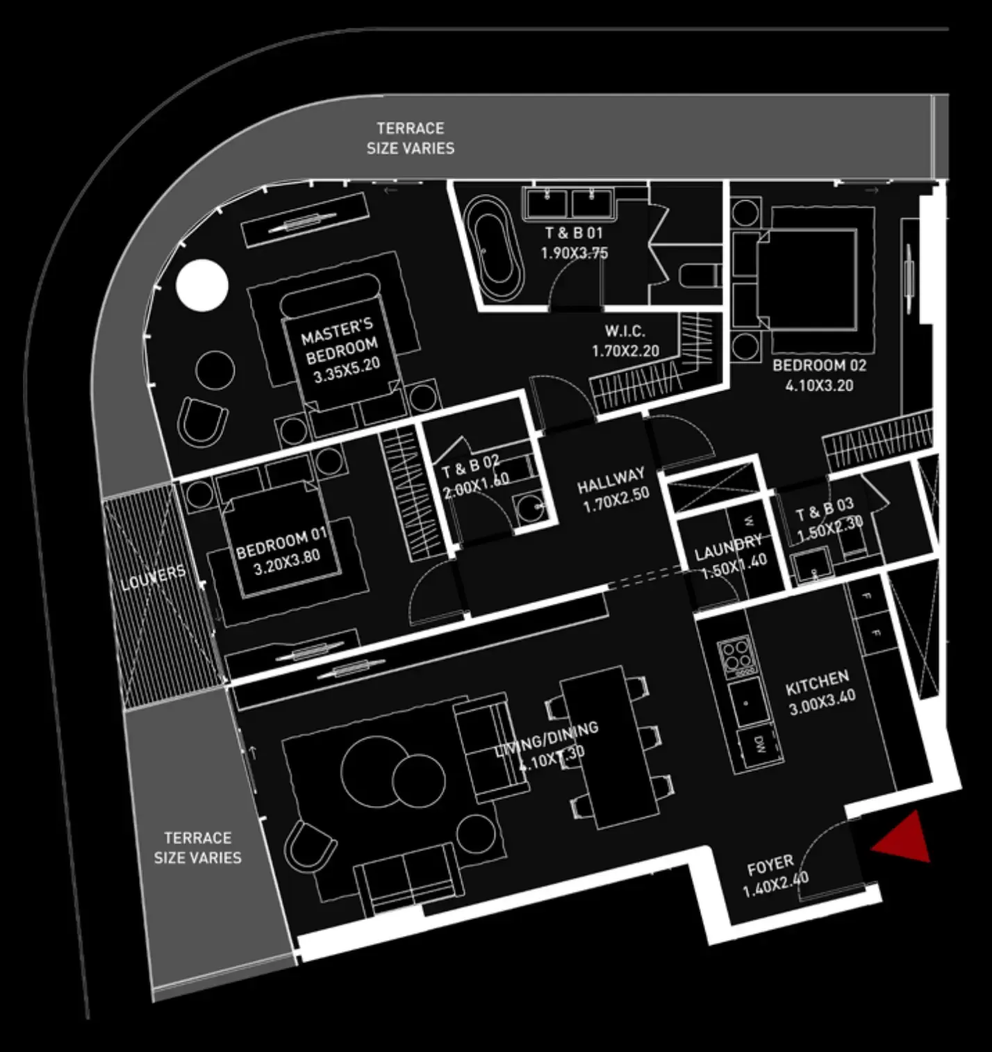 Brabus Island 3 bed floor plan, 1,642 – 1,668 sqft