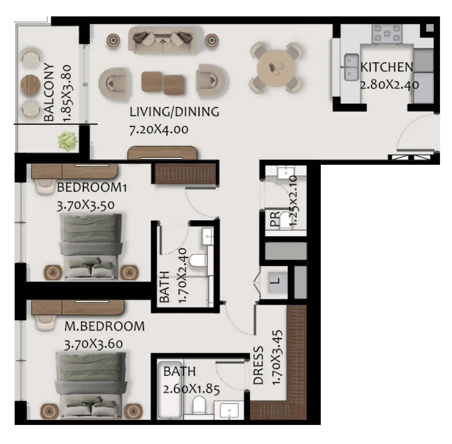 Boulevard Park at Wasl Gate 2 bed floor plan, 1,290 sqft