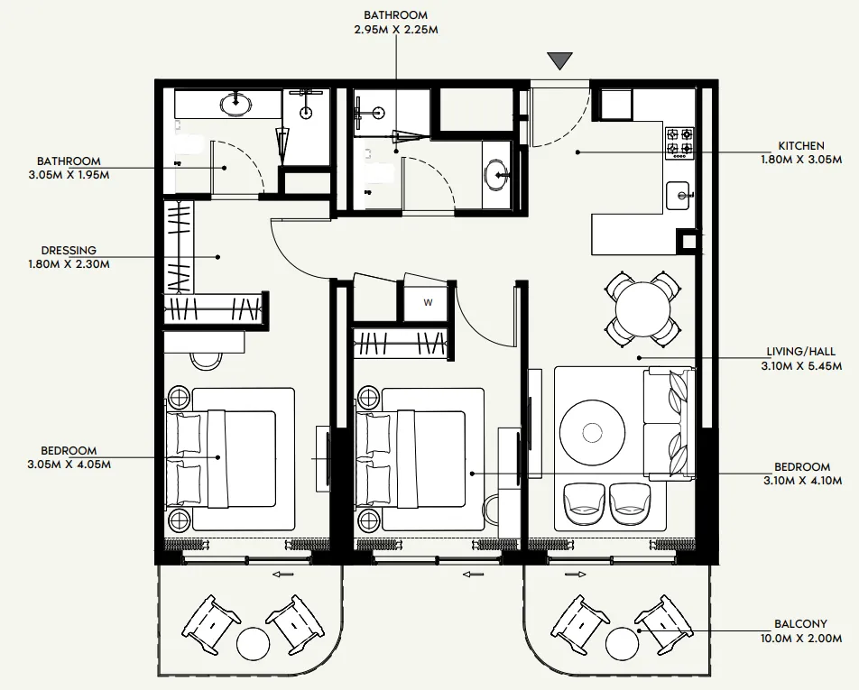 Azizi Venice 2 bed floor plan, 1,077 sqft