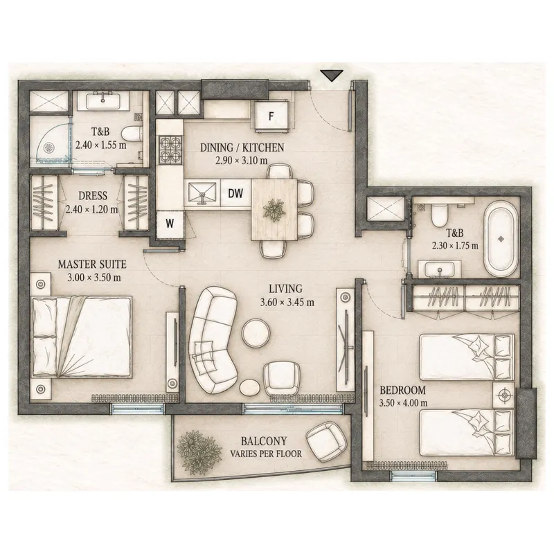 Epoque 2 bed floor plan, 781 – 782 sqft