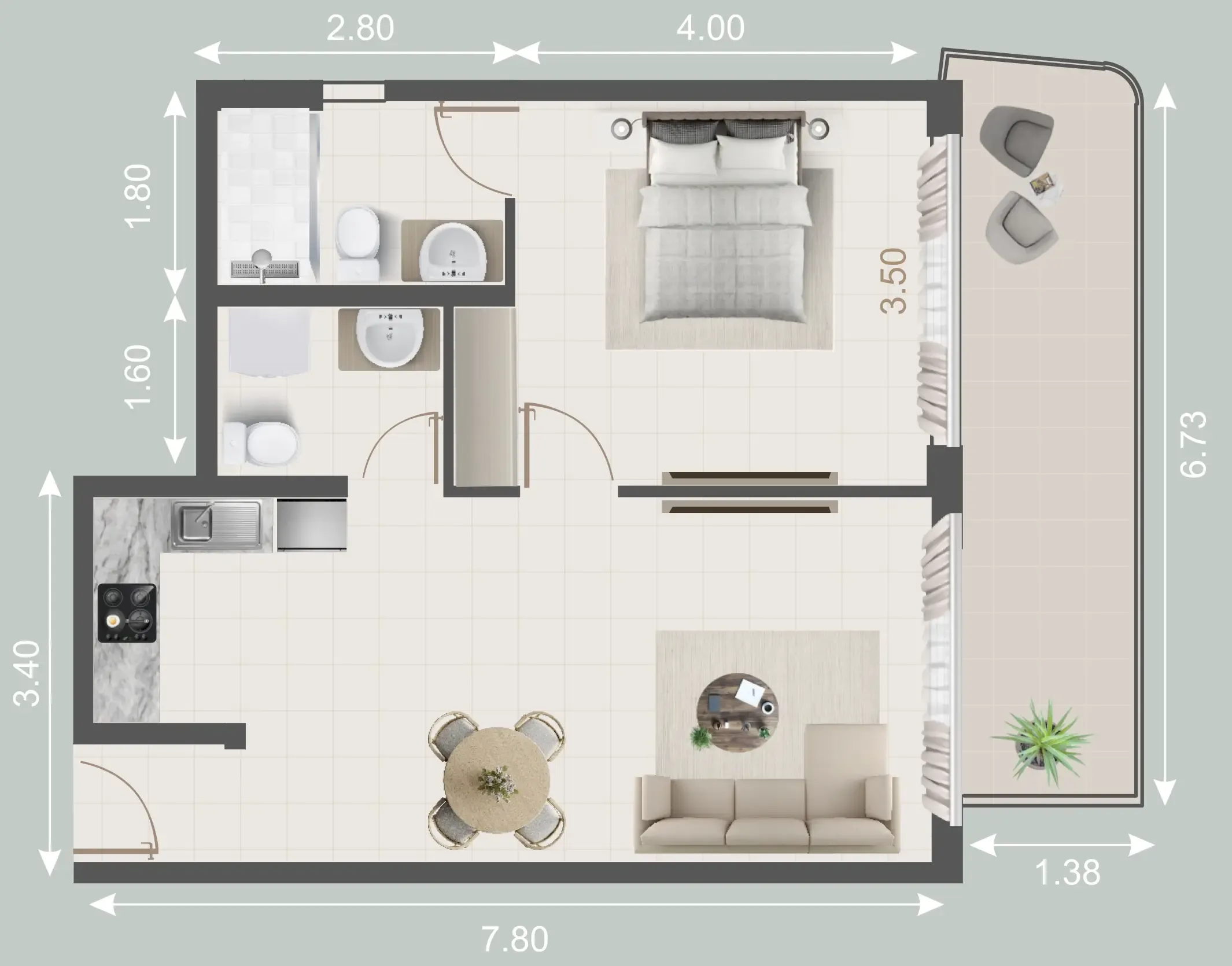 Galleria Residences 1 bed floor plan, 768 sqft