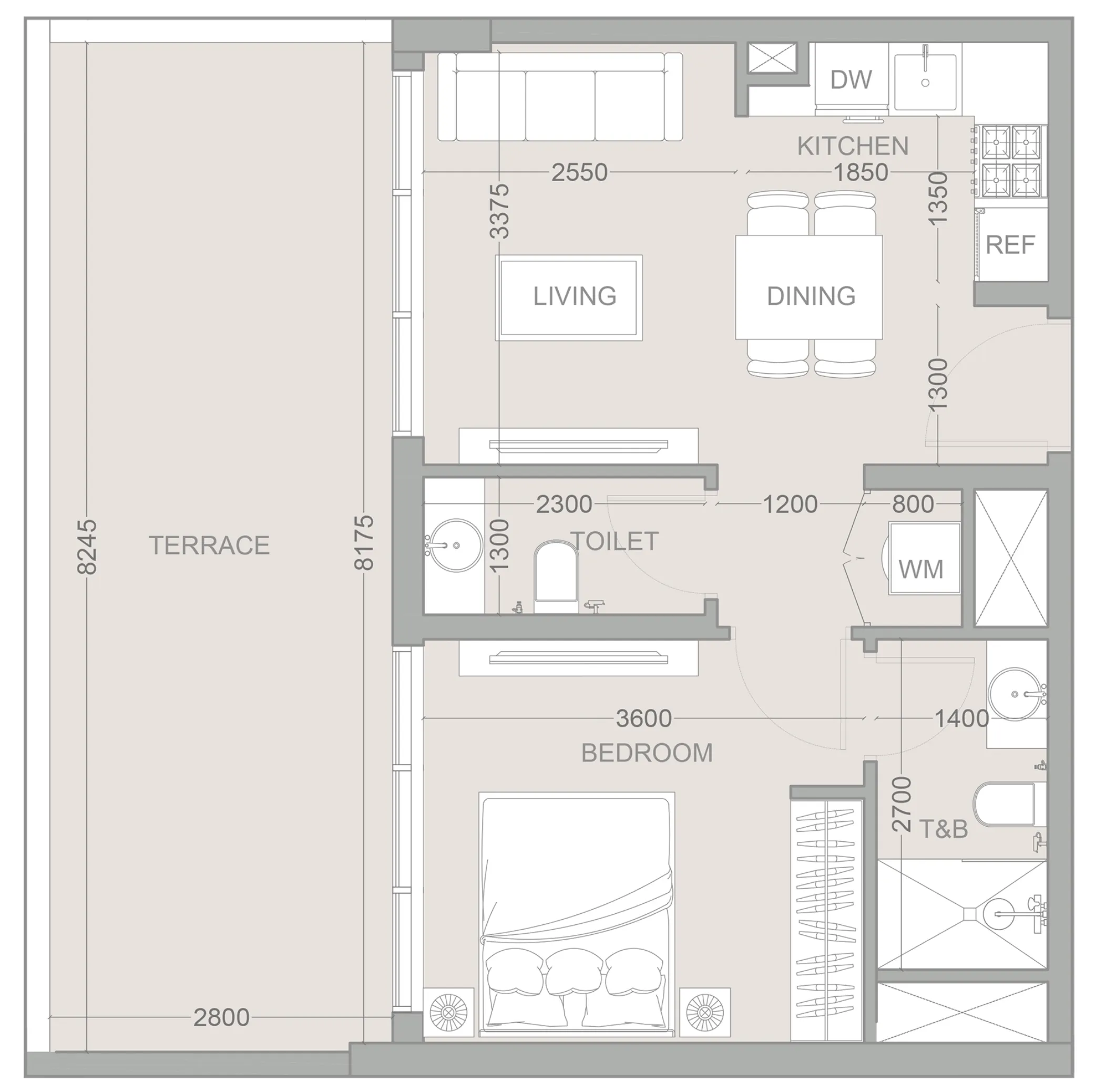 1WOOD Residence 2 1 bed floor plan, 832 sqft