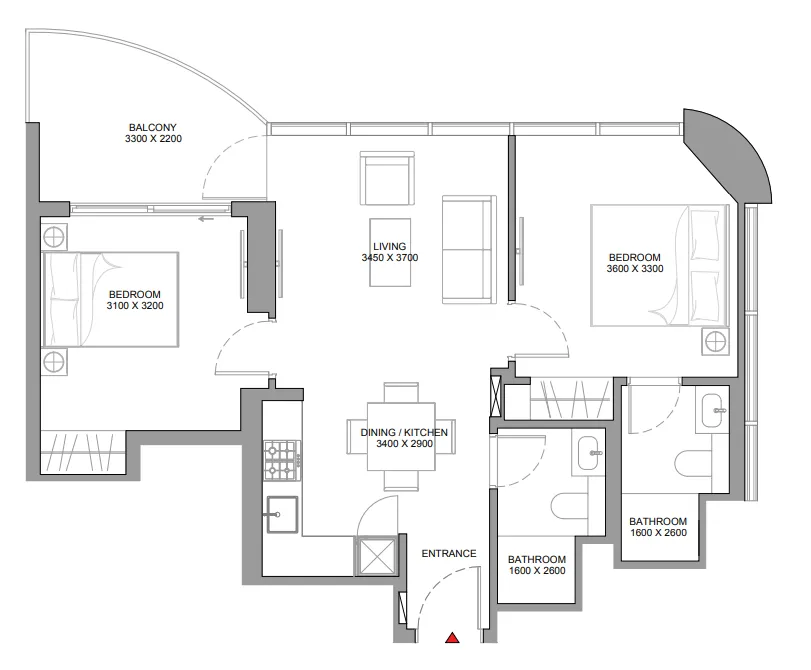 Sobha Aquamont 2 bed floor plan, 758 sqft