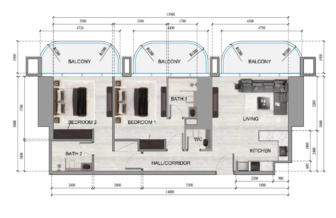 Ananda Residences 2 bed floor plan, 1,110 – 1,162 sqft