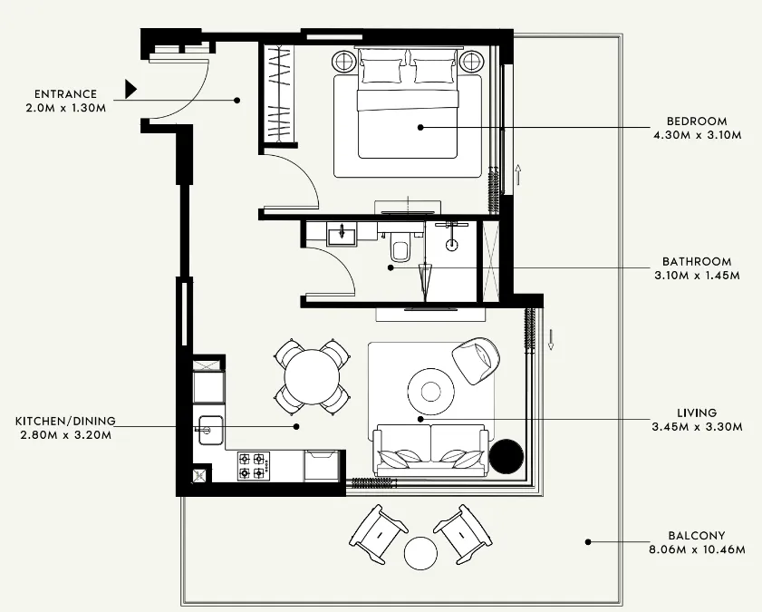 Azizi Venice 1 bed floor plan, 884 sqft