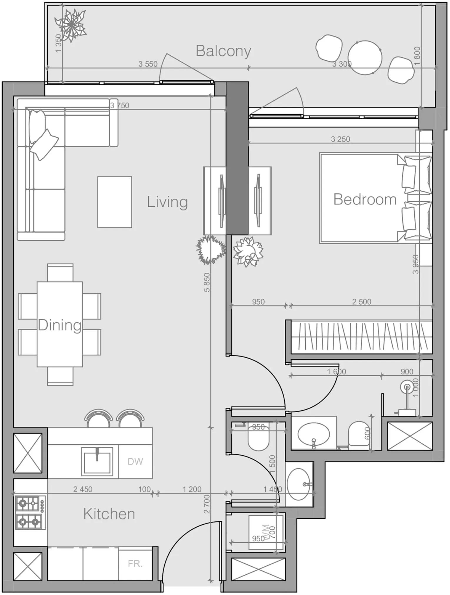 Ozone 1 1 bed floor plan, 747 sqft