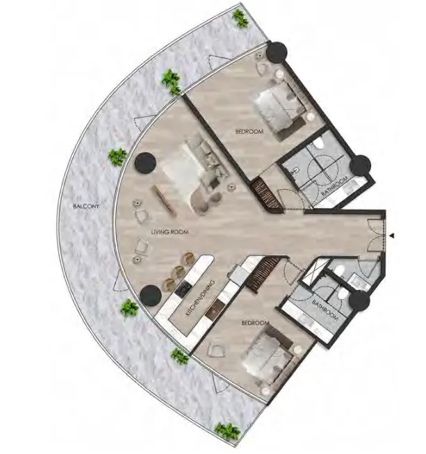 The Beach Residence 2 bed floor plan, 2,215 sqft
