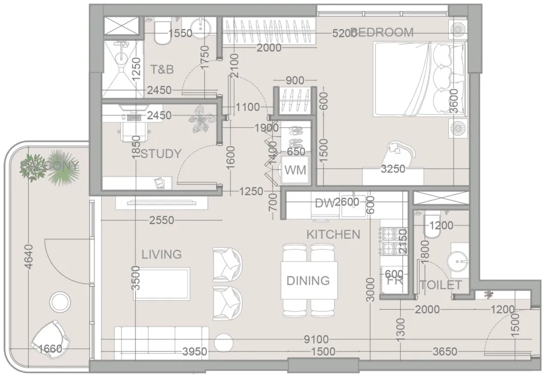 TETR1S Tower 1 bed floor plan, 775 sqft