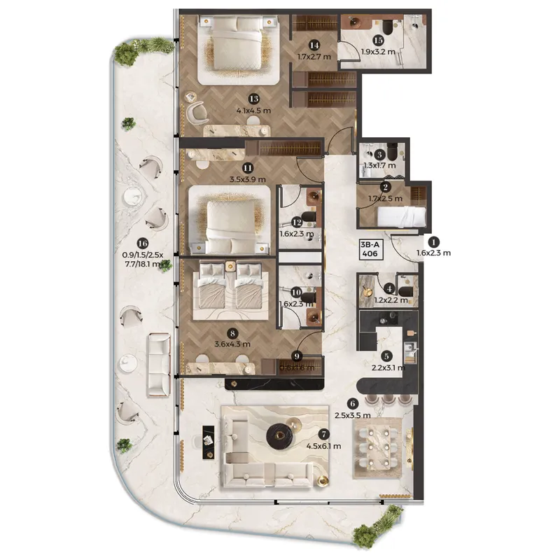 Stellar by Elie Saab 3 bed floor plan, 2,076 sqft