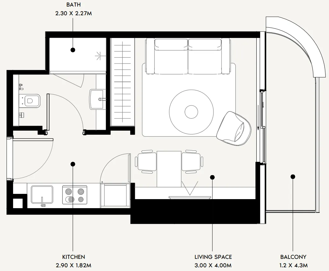 Azizi Milan Studio floor plan, 349 sqft