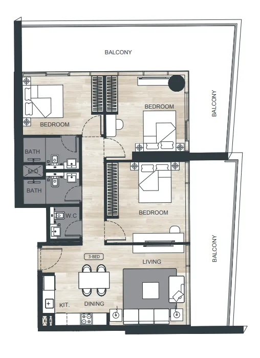 Binghatti Ghost 3 bed floor plan, 1,603 – 1,648 sqft