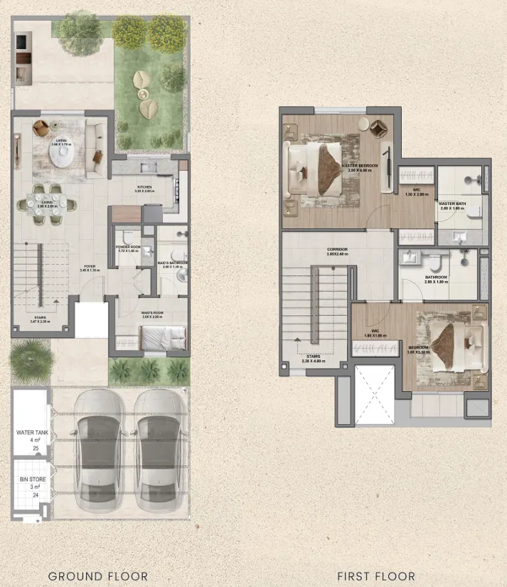Al Ghadeer Gardens 2 bed floor plan, 1,345 – 1,347 sqft