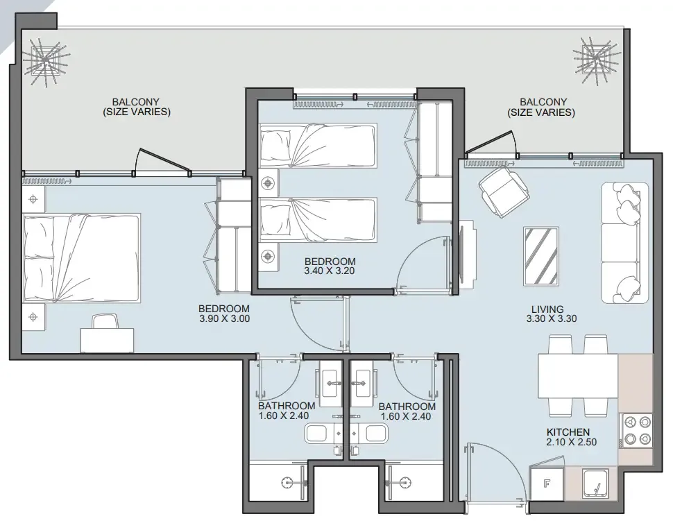 Alba Tower 2 bed floor plan, 828 sqft