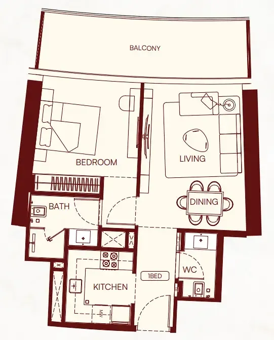 Binghatti Skyflame 1 bed floor plan, 722 sqft