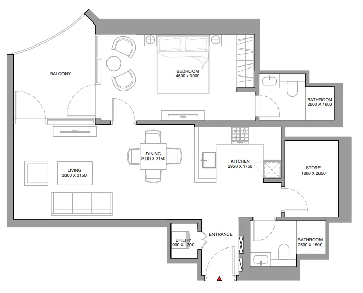 Skyvue Stellar 1 bed floor plan, 877 sqft