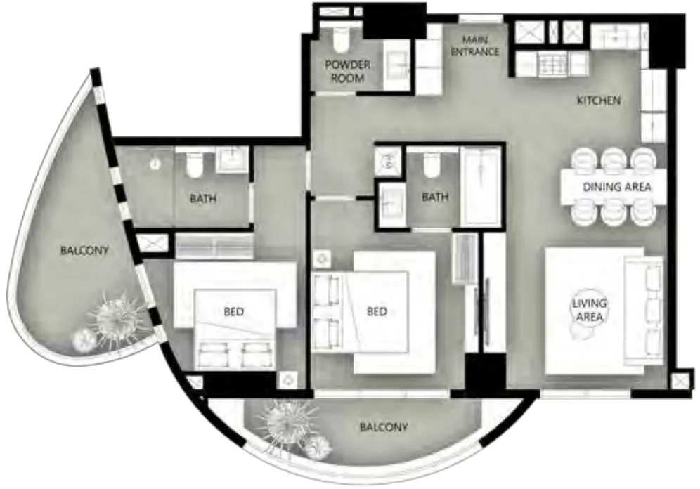 Marina Star 2 bed floor plan, 1,154 sqft