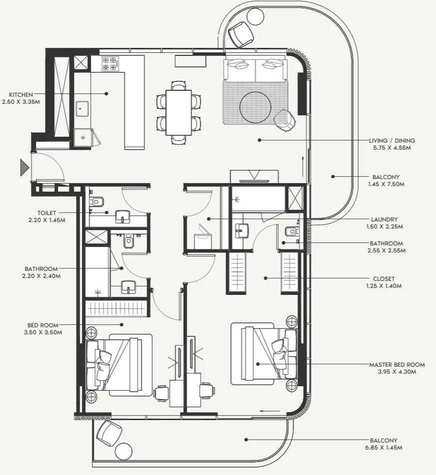 Azizi Amir 2 bed floor plan, 1,439 sqft