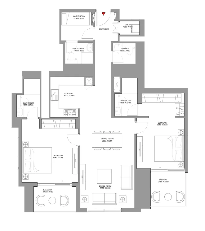Skyscape 2 bed floor plan, 1,383 sqft