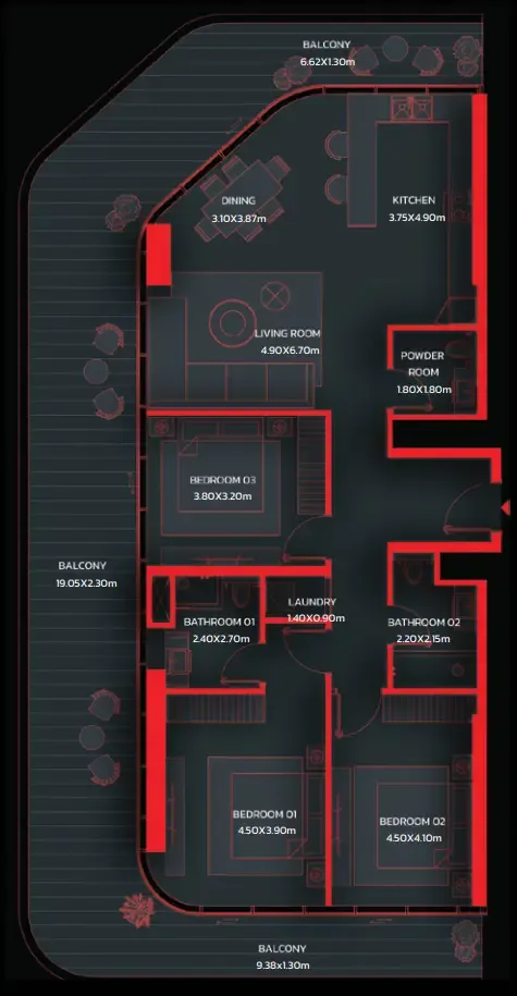 Tonino Lamborghini Residences by BNW Developments 3 bed floor plan, 1,966 – 2,561 sqft