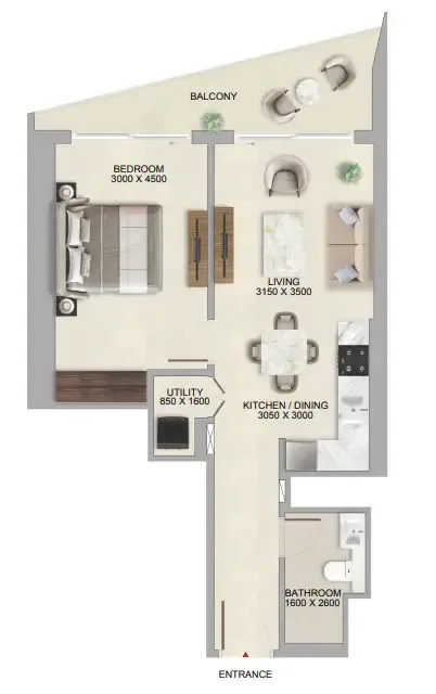 The Tranquil at Sobha Central 1 bed floor plan, 695 sqft