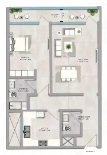 Amwaj Tower 1 bed floor plan, 1,266 sqft
