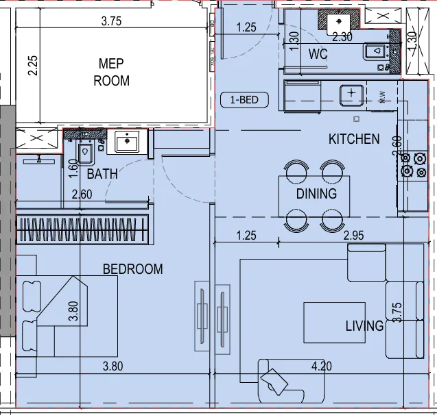 Binghatti Sky Terraces 1 bed floor plan, 612 sqft