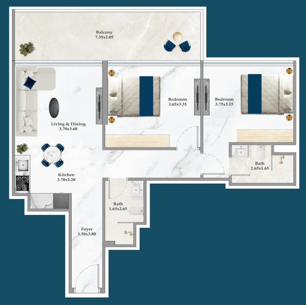 Timez 2 bed floor plan, 832 – 846 sqft