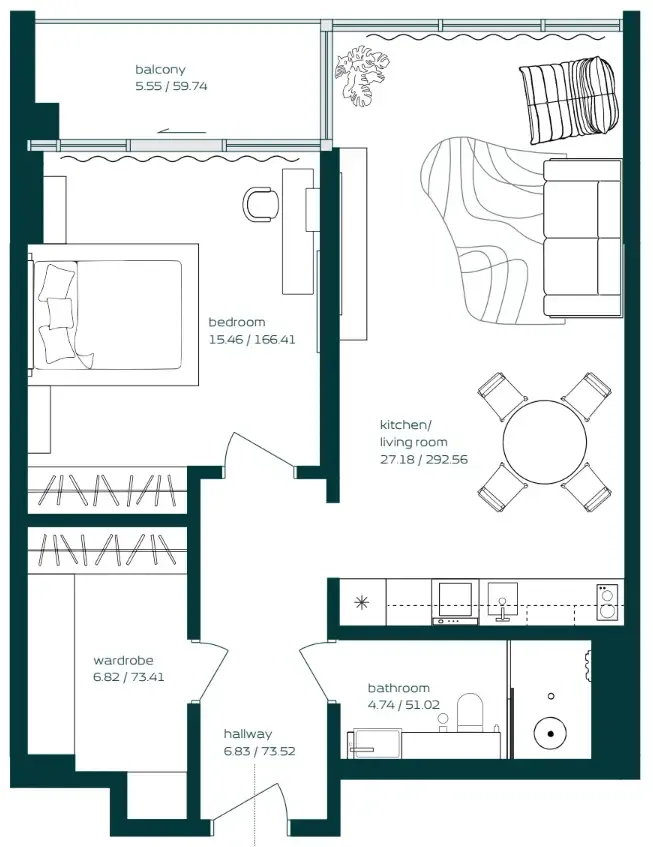 Vibe 1 bed floor plan, 805 sqft