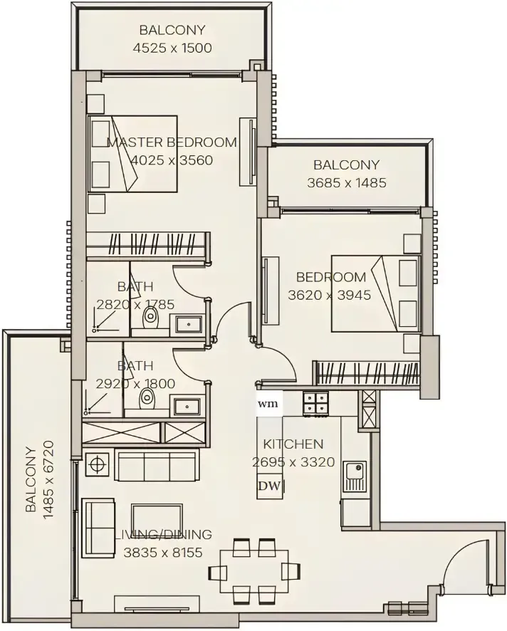 Nirvana Residences 1 2 bed floor plan, 1,216 sqft