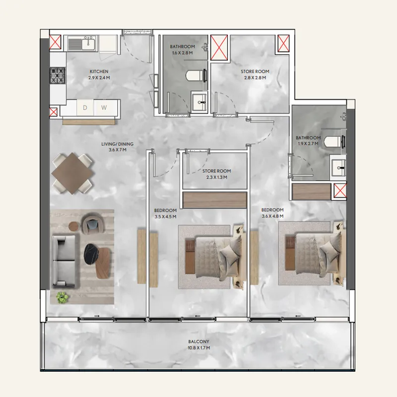 California Residences 2 bed floor plan, 1,349 sqft