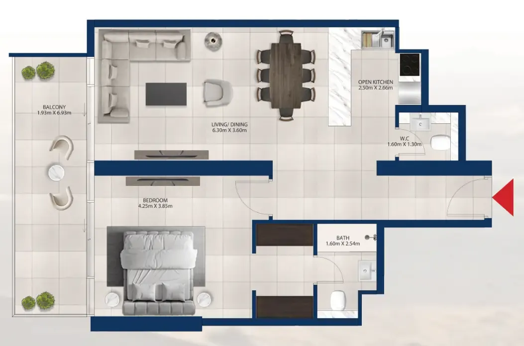 Al Vista 1 bed floor plan, 938 sqft