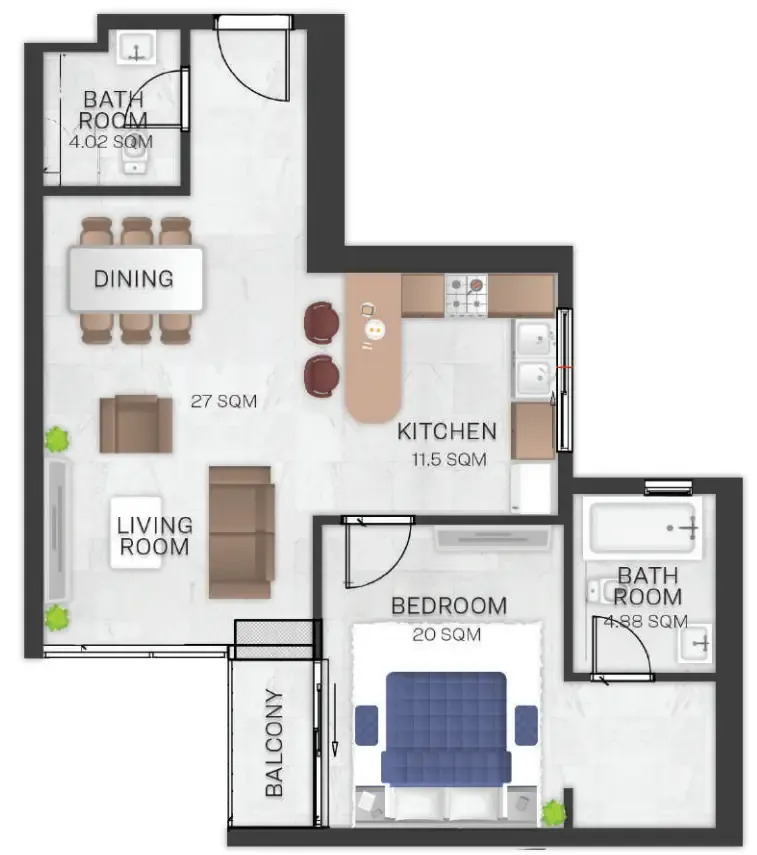 Bluebell Residence 1 bed floor plan, 1,165 – 1,181 sqft
