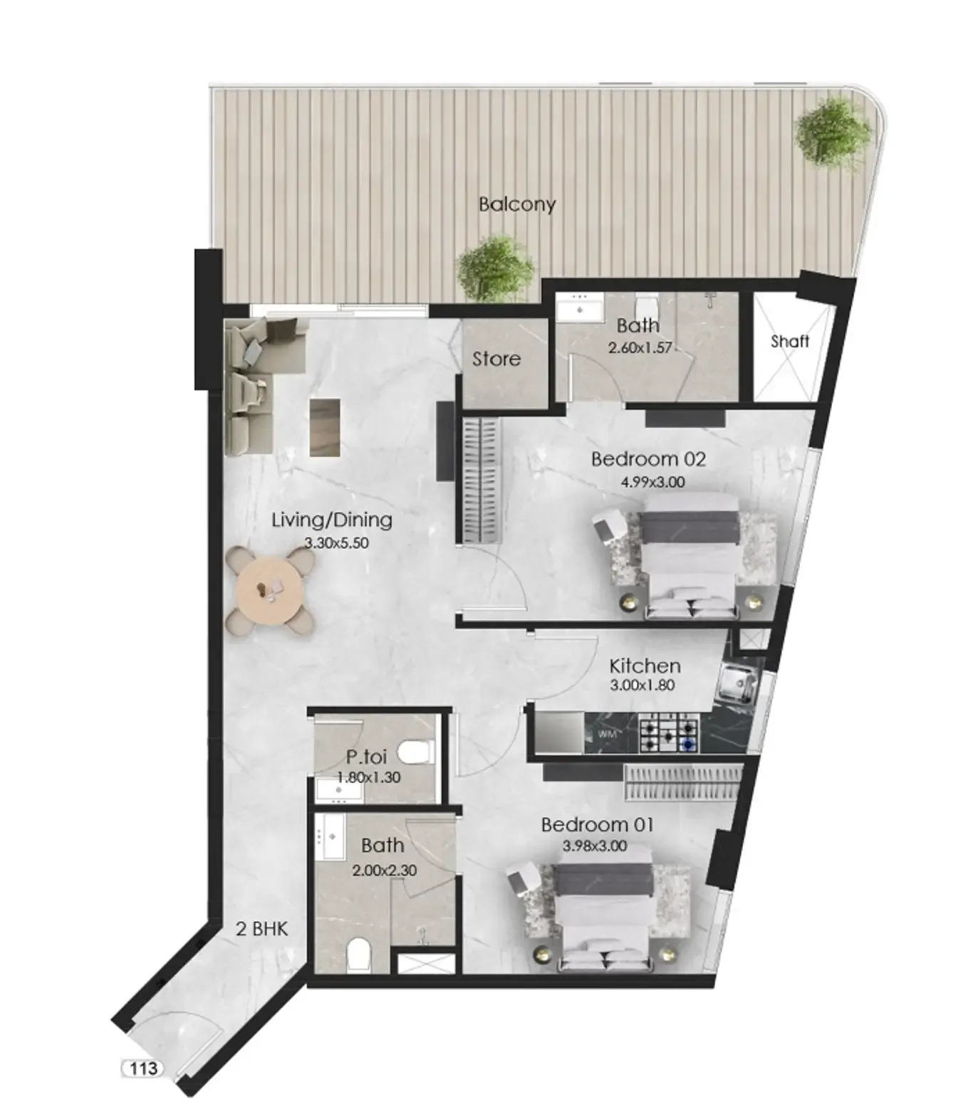 Aristo 2 bed floor plan, 1,126 sqft
