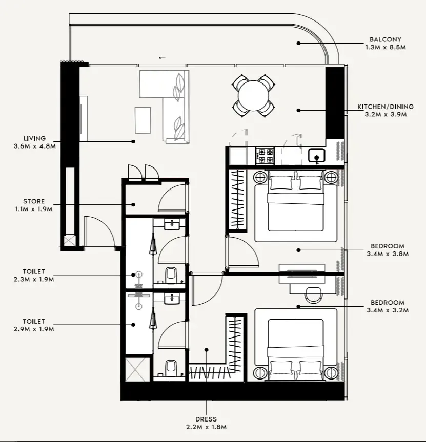 Azizi Milan 2 bed floor plan, 1,075 sqft