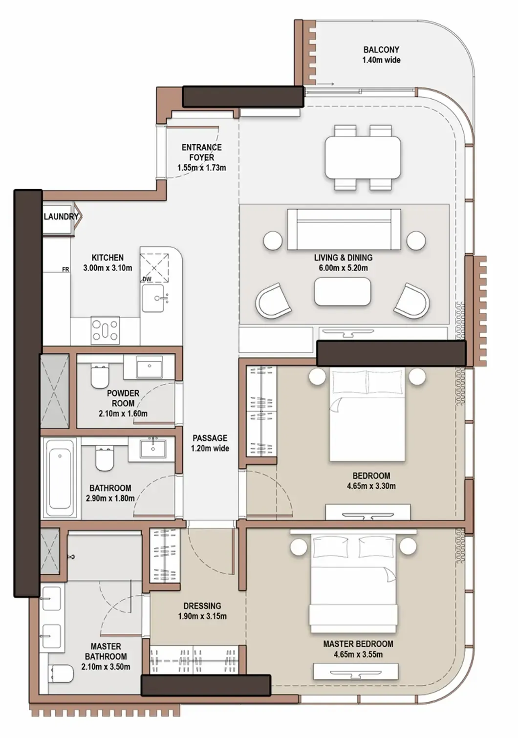 The Edit at d3 2 bed floor plan, 1,267 sqft