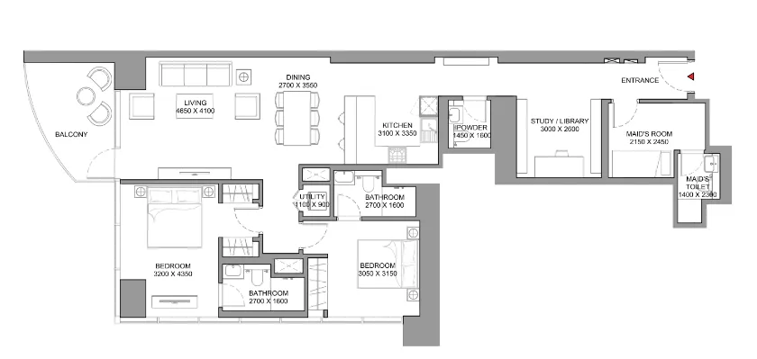 Skyscape 2 bed floor plan, 1,514 – 1,899 sqft