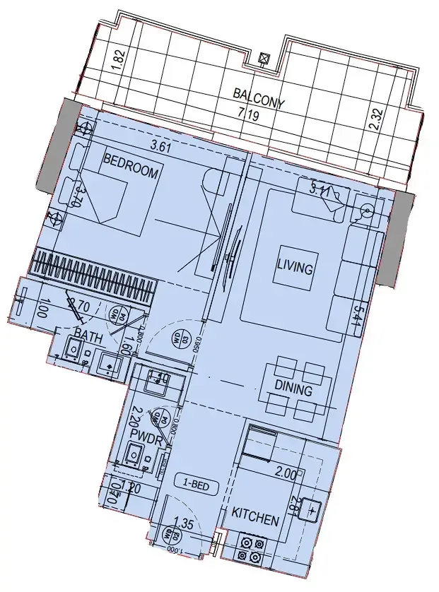 Binghatti Wraith 1 bed floor plan, 752 – 755 sqft